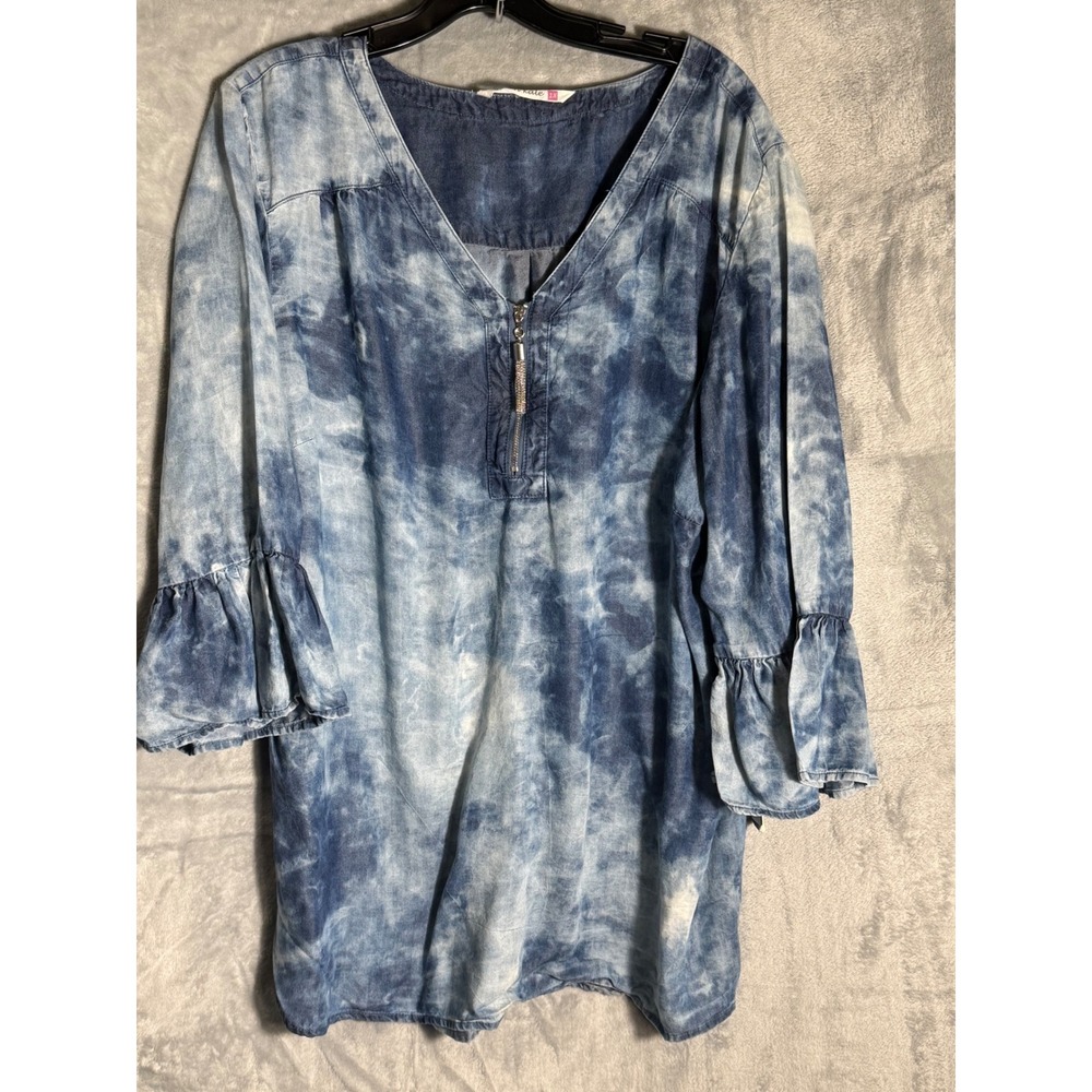 Given Kale Womens Blue Tie Dye Lyocell‎ Zip Neck Bell Sleeve Blouse Top plus  1X